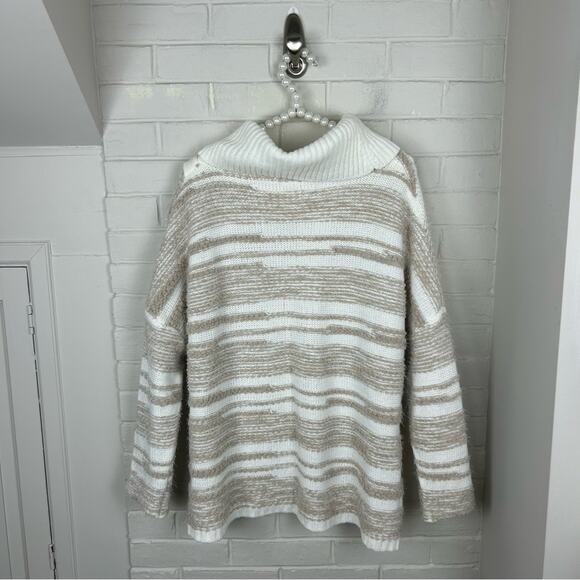Calvin Klein Neutral Fuzzy Striped Knit Wrap Sweater Size S/M - Picture 11 of 11